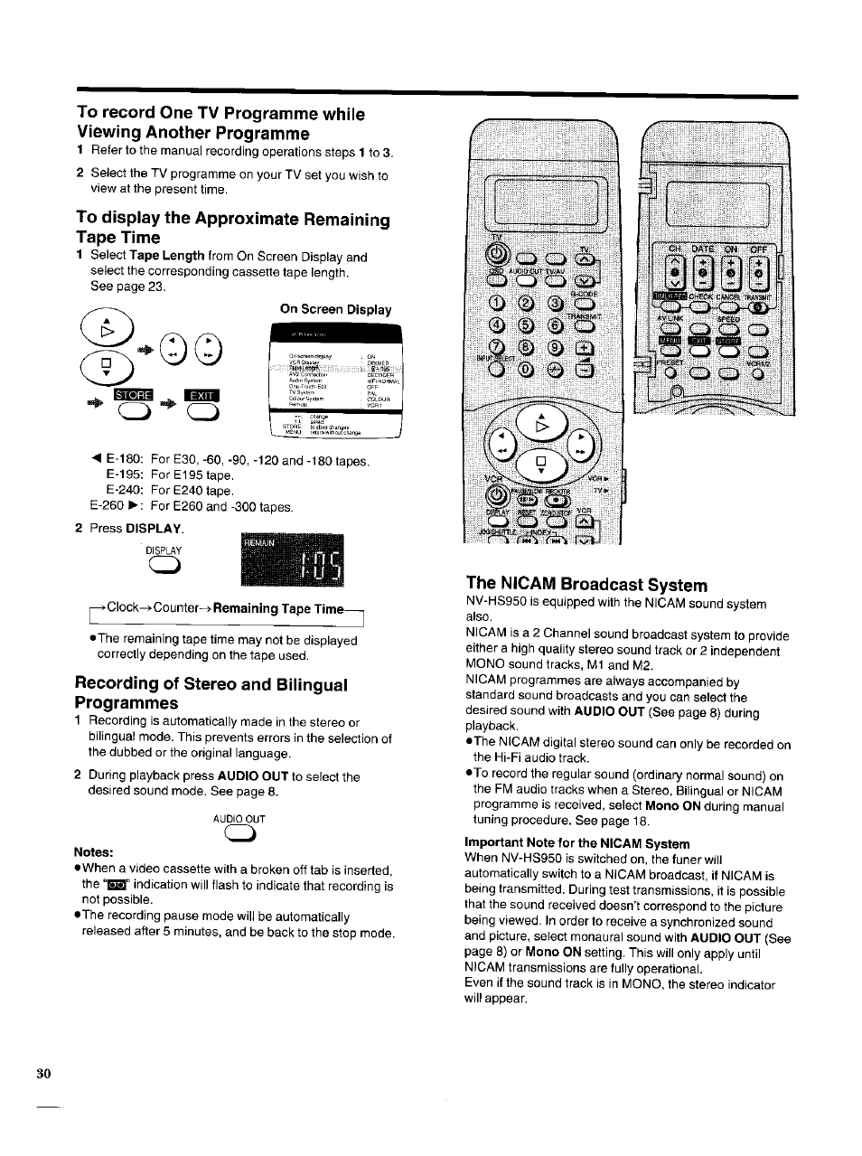 To display the approximate remaining tape time, Recording of stereo and bilingual programmes, The nicam broadcast system | Panasonic NV-HS950AM User Manual | Page 30 / 48