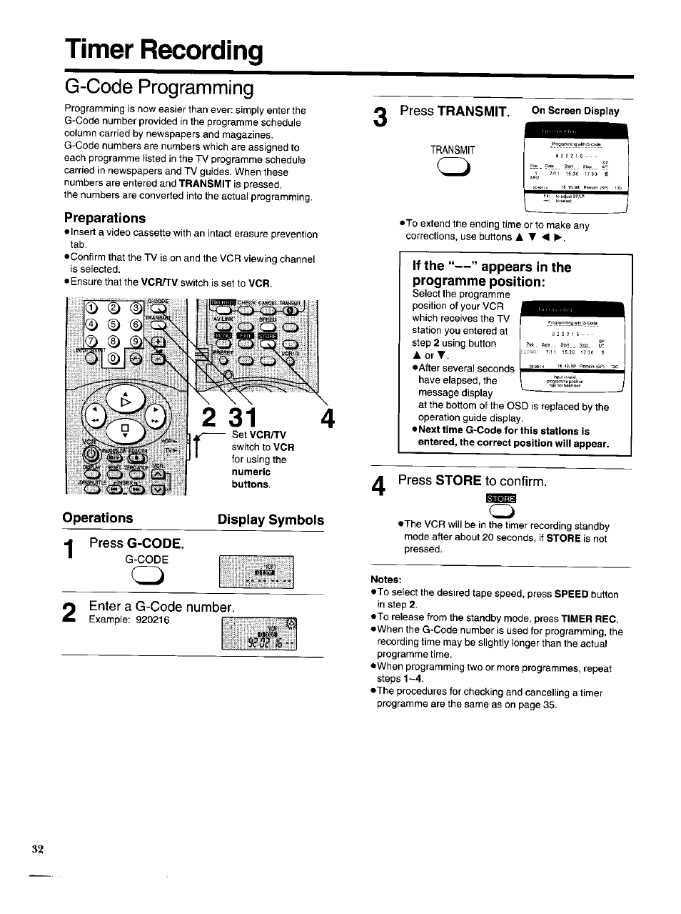 Timer recording, G-code programming, Preparations | Operations, Dispiay symbois, Press g-code, Notes, Operations dispiay symbois, G-code, Transmit | Panasonic NV-HS950AM User Manual | Page 32 / 48