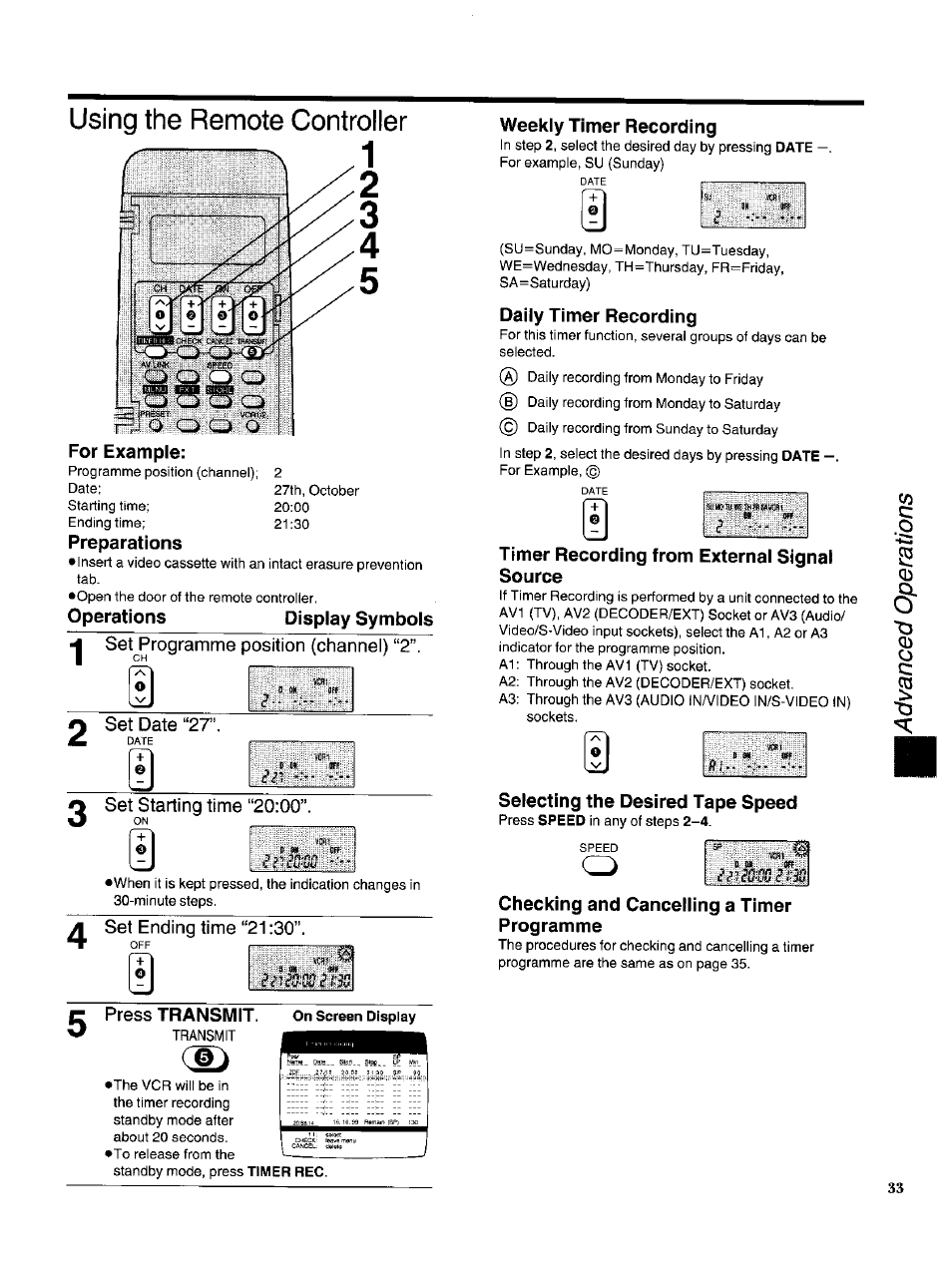 Using the remote controller, For example, Preparations | Press transmit, Weekly timer recording, Daily timer recording, Timer recording from external signal source, Selecting the desired tape speed, Checking and cancelling a timer programme | Panasonic NV-HS950AM User Manual | Page 33 / 48