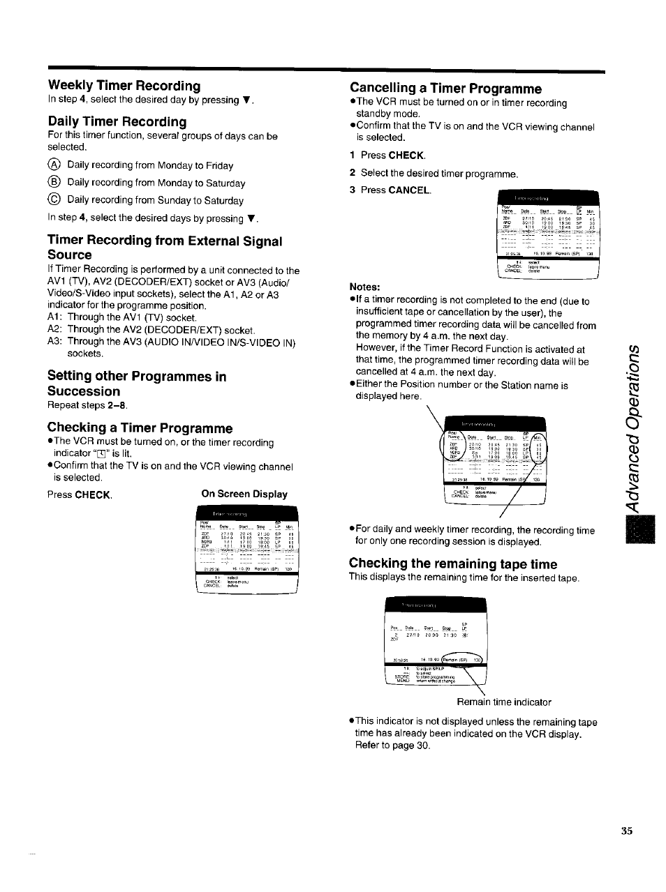 Weekly timer recording, Daily timer recording, Timer recording from external signal source | Setting other programmes in succession, Checking a timer programme, Press check. 0« screen display, Cancelling a timer programme, 1 press check, 3 press cancel, Notes | Panasonic NV-HS950AM User Manual | Page 35 / 48