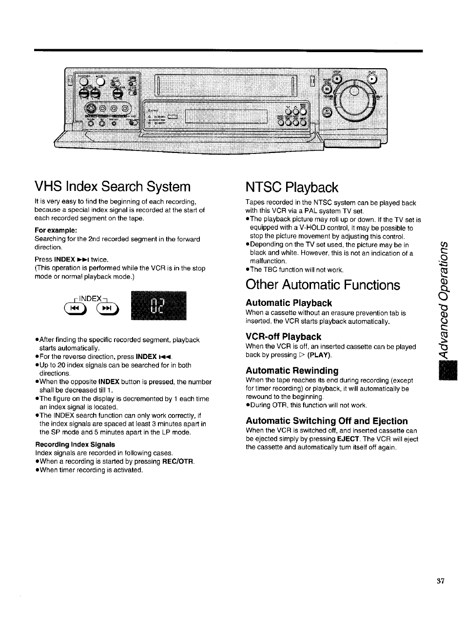 Vhs index search system, Ntsc playback, Other automatic functions | Automatic playback, Vcr-off playback, Automatic rewinding, Automatic switching off and ejection | Panasonic NV-HS950AM User Manual | Page 37 / 48