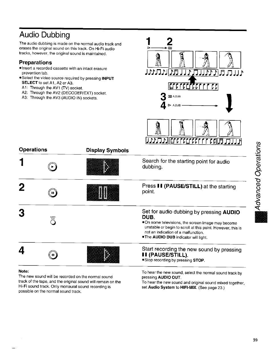 Audio dubbing, Preparations, Operations | Display symbols, Note, Mn^j crcrccrccrrrcc, Nnnj | Panasonic NV-HS950AM User Manual | Page 39 / 48