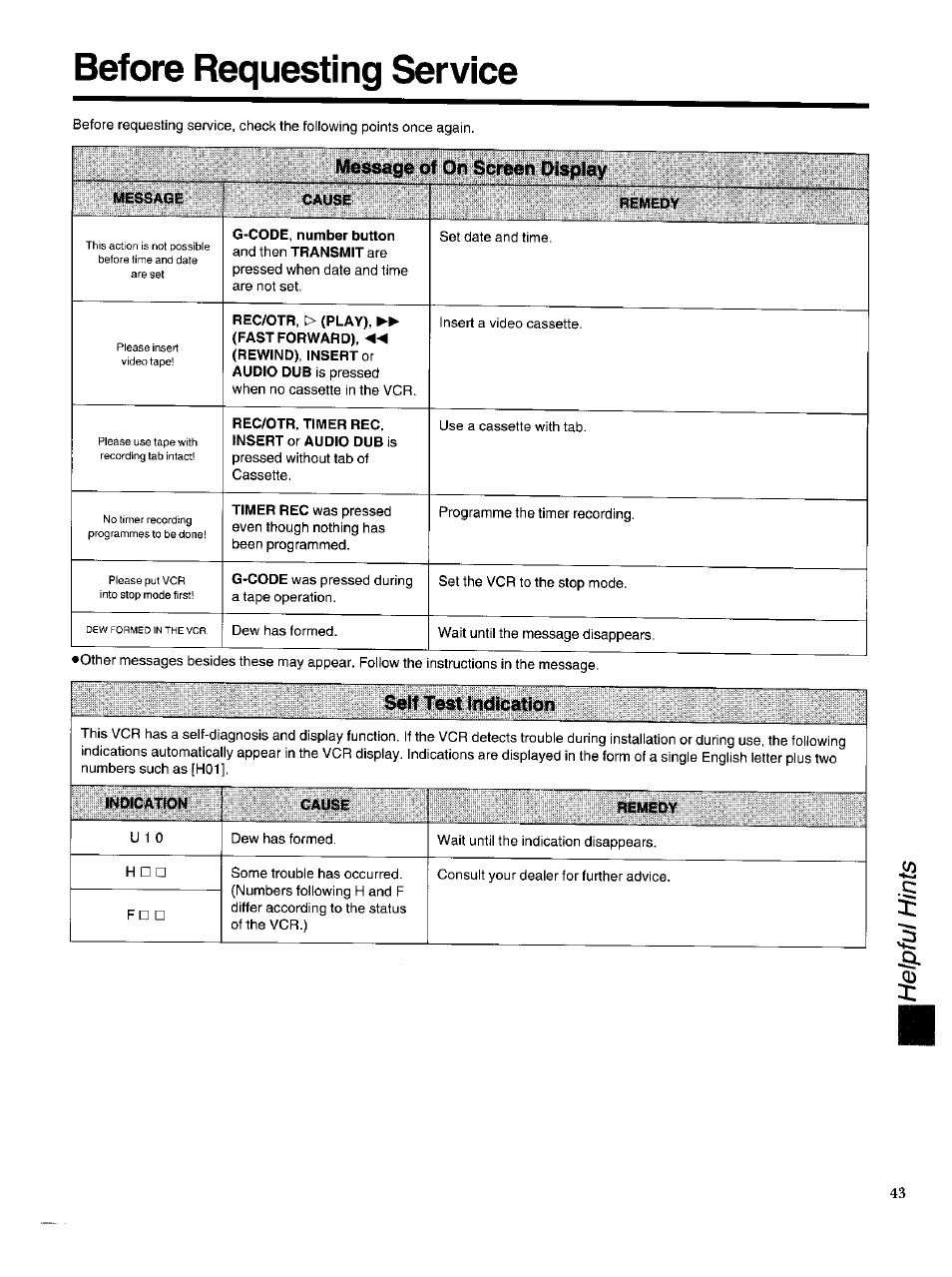 Before requesting service, Self test indication | Panasonic NV-HS950AM User Manual | Page 43 / 48