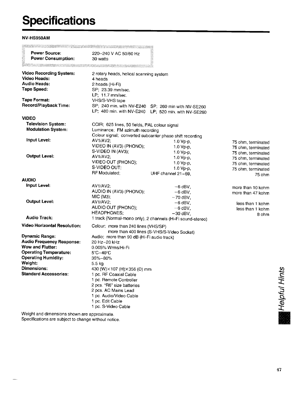 Specifications, Audio frequency response: wow and flutter | Panasonic NV-HS950AM User Manual | Page 47 / 48