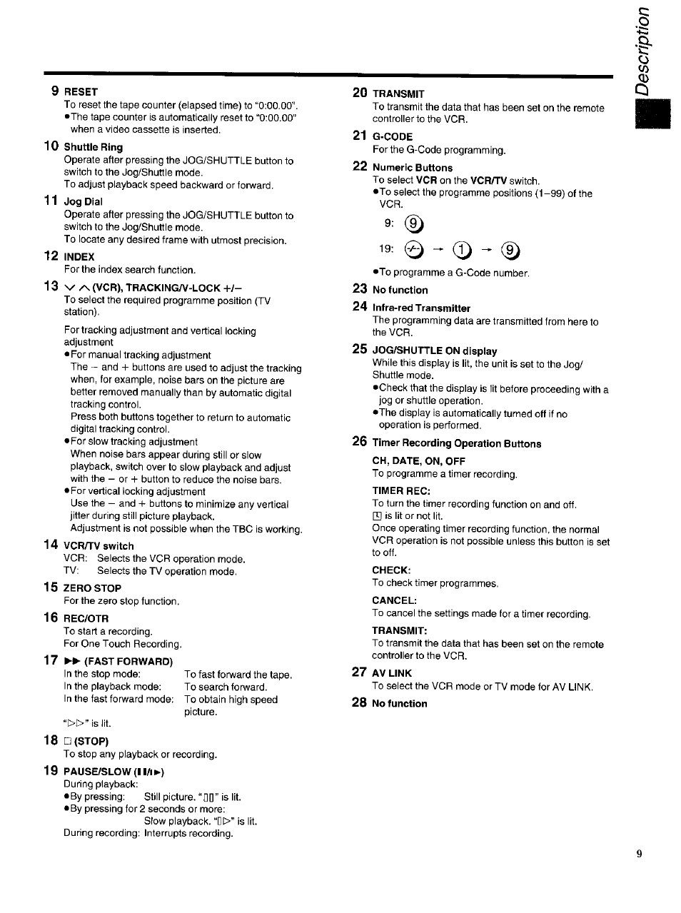 9 reset, 10 shuttle ring, 11 jog dial | 12 index, 13 v (vcr), tracking/v-lock, 14 vcr/tv switch, 15 zero stop, 16 rec/otr, 17 ►► (fast forward), 18 □(stop) | Panasonic NV-HS950AM User Manual | Page 9 / 48