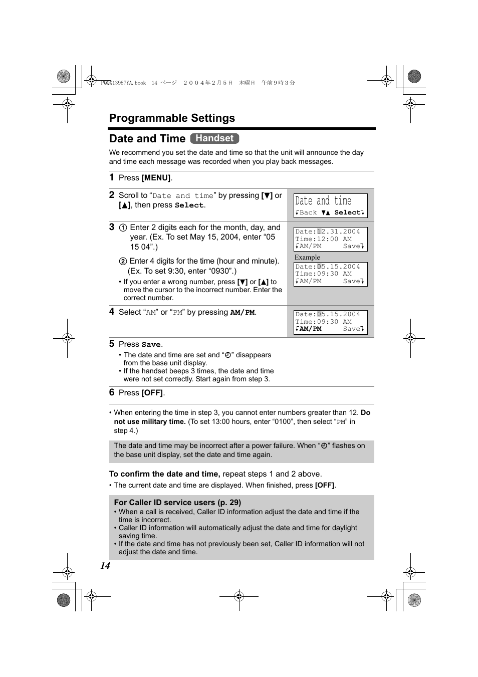 Programmable settings, Date and time, Handset | Panasonic KX-TG2346 User Manual | Page 14 / 84