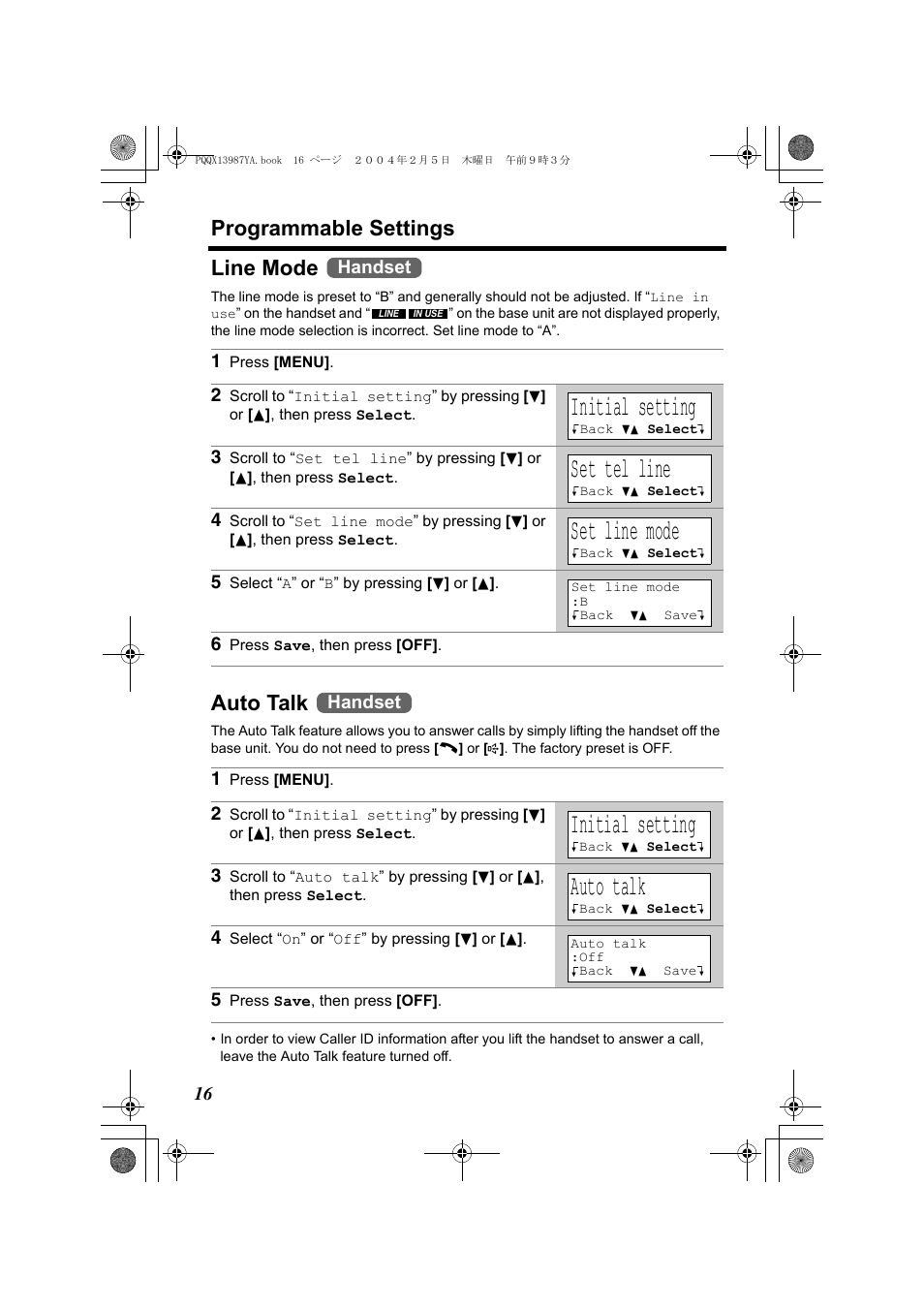 Initial setting, Set tel line, Set line mode | Programmable settings, Line mode, Auto talk, Handset | Panasonic KX-TG2346 User Manual | Page 16 / 84