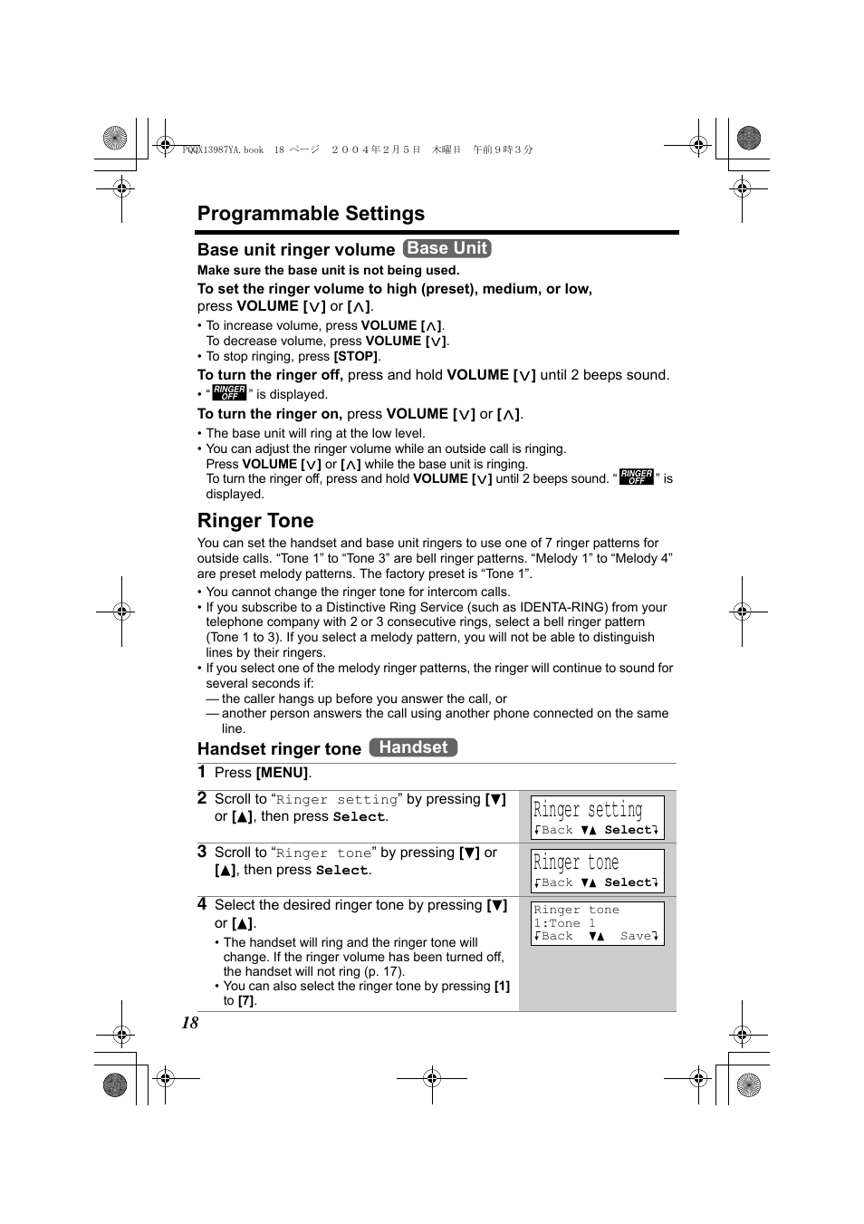 Ringer setting, Programmable settings, Ringer tone | Panasonic KX-TG2346 User Manual | Page 18 / 84