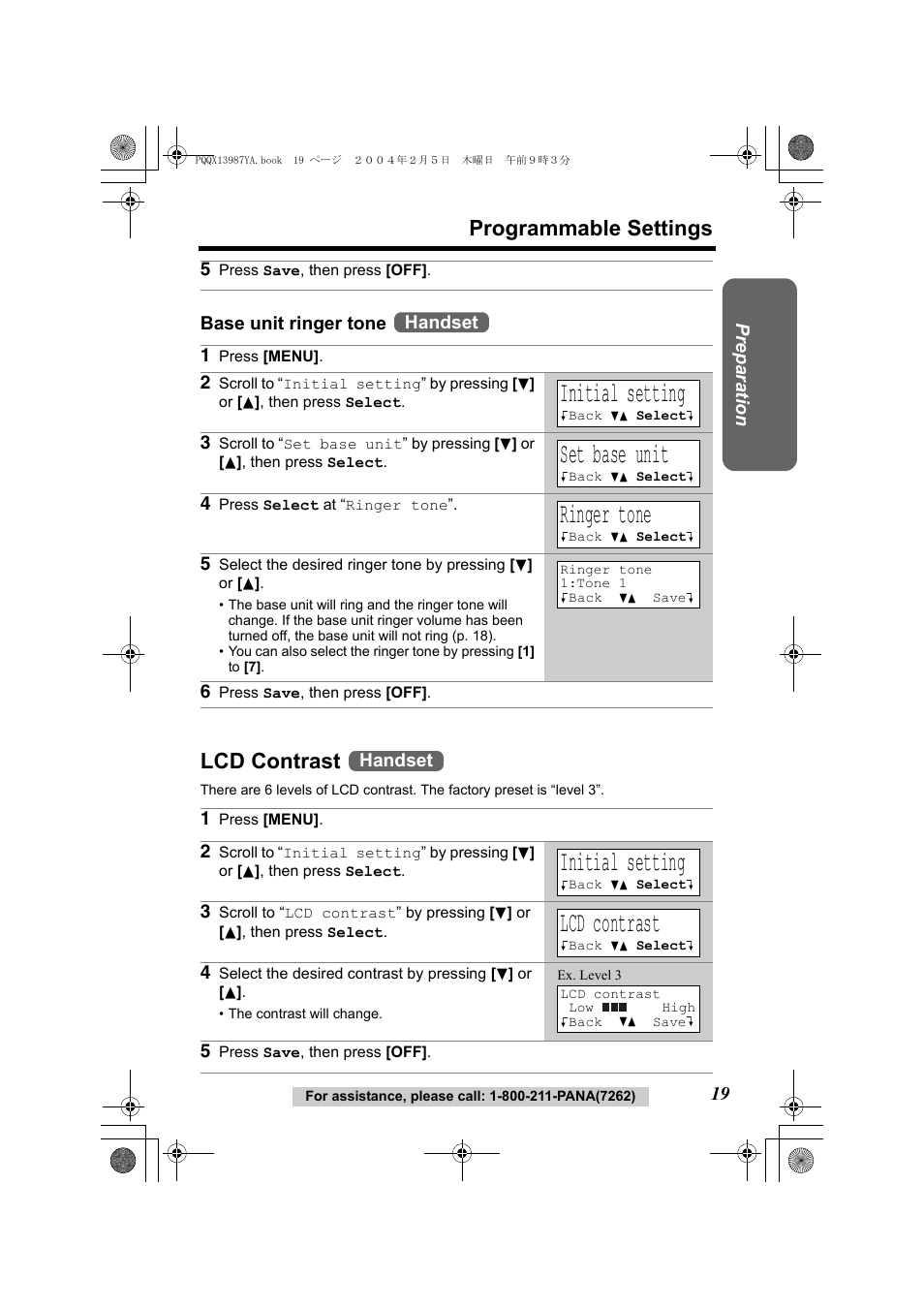 Initial setting, Set base unit, Ringer tone | Programmable settings, Lcd contrast | Panasonic KX-TG2346 User Manual | Page 19 / 84