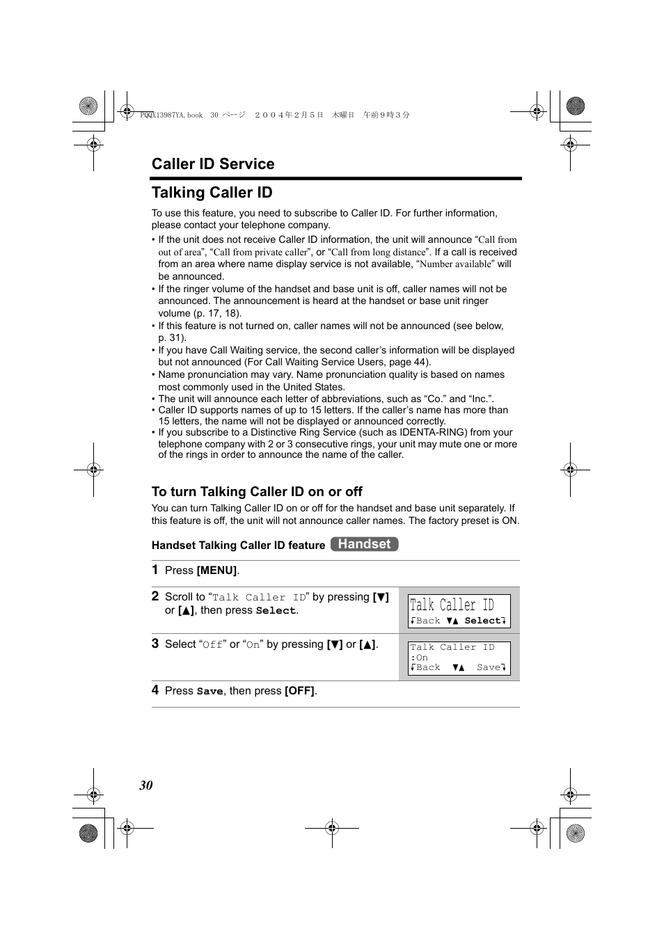 Talk caller id, Caller id service, Talking caller id | Handset | Panasonic KX-TG2346 User Manual | Page 30 / 84