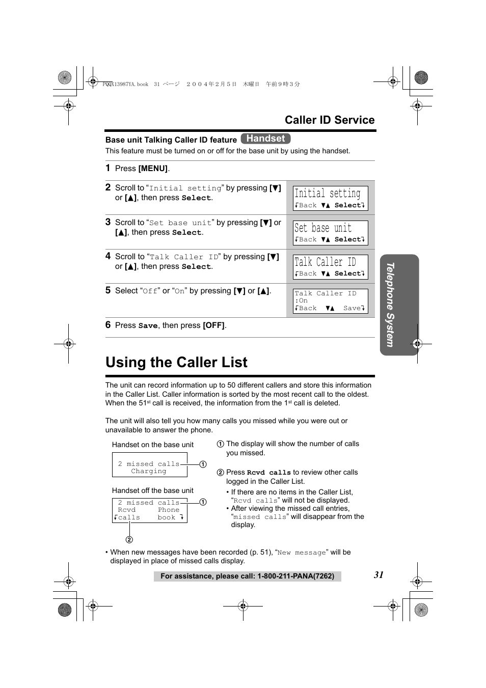 Using the caller list, Initial setting, Set base unit | Talk caller id, Caller id service, Te lephone system, Handset | Panasonic KX-TG2346 User Manual | Page 31 / 84