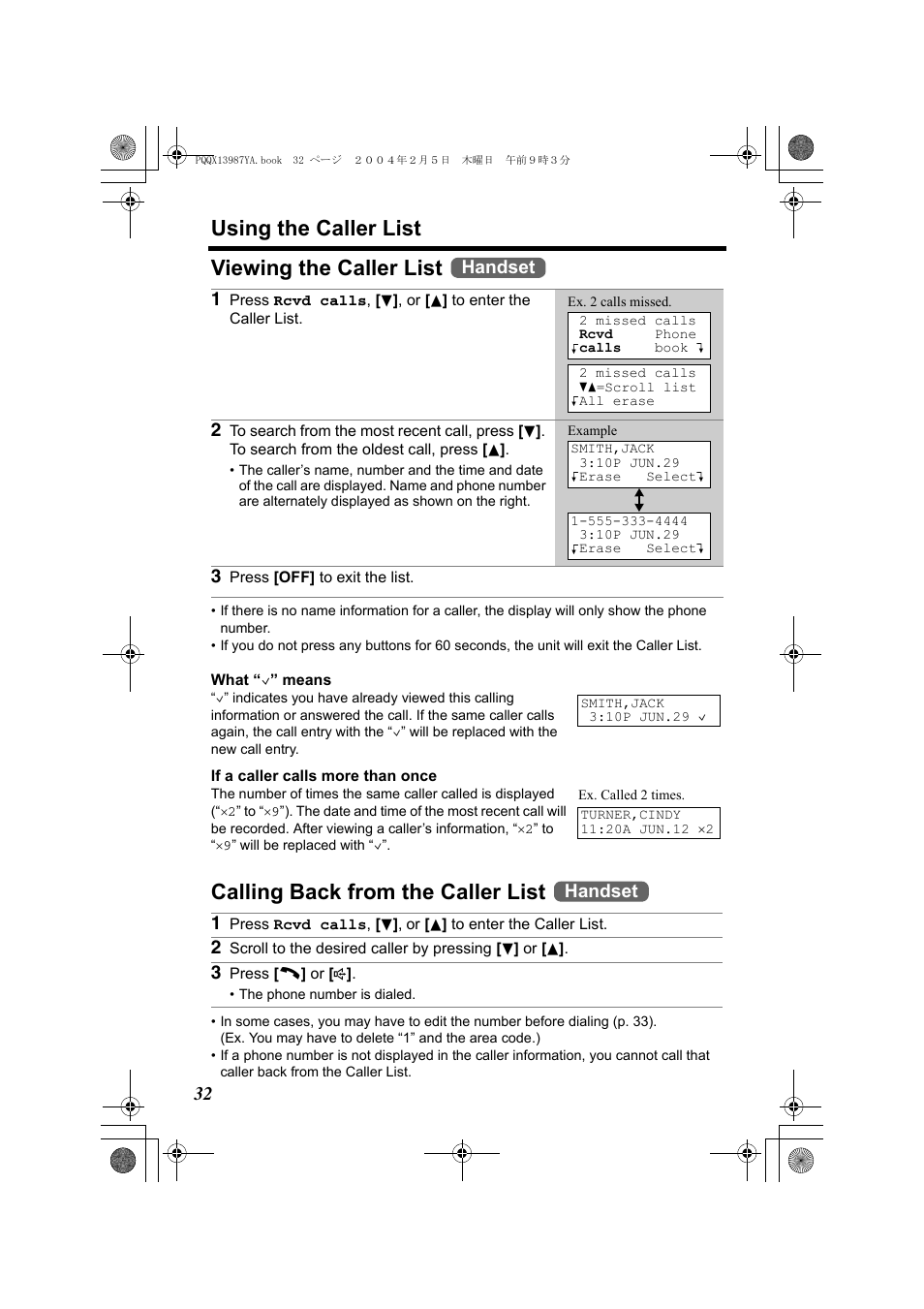Using the caller list, Viewing the caller list, Calling back from the caller list | Handset | Panasonic KX-TG2346 User Manual | Page 32 / 84