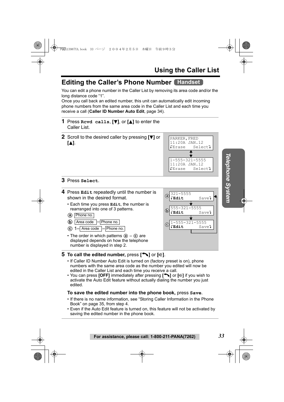Using the caller list, Editing the caller’s phone number, Te lephone system | Handset | Panasonic KX-TG2346 User Manual | Page 33 / 84