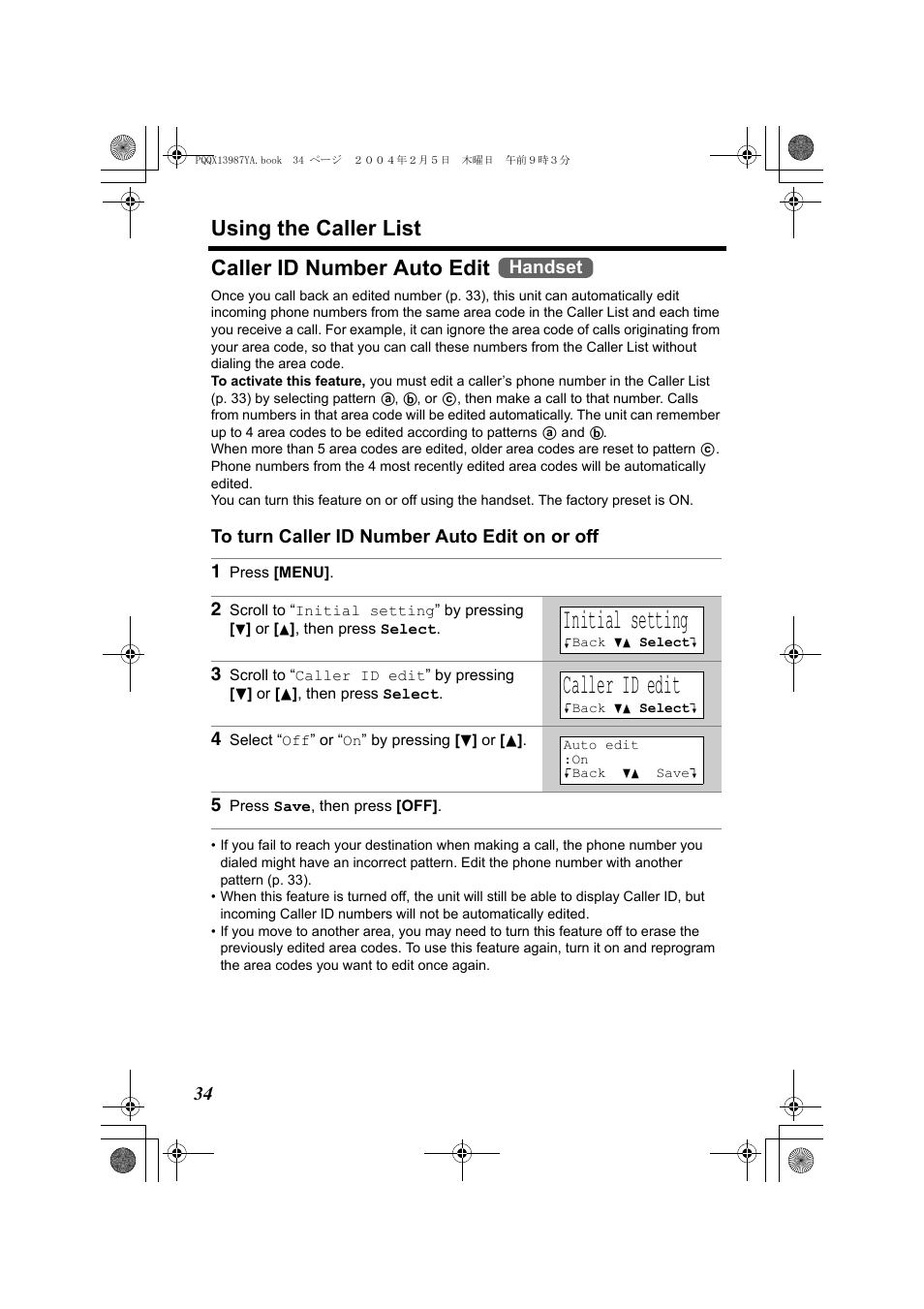 Initial setting, Caller id edit, Using the caller list | Caller id number auto edit, Handset | Panasonic KX-TG2346 User Manual | Page 34 / 84