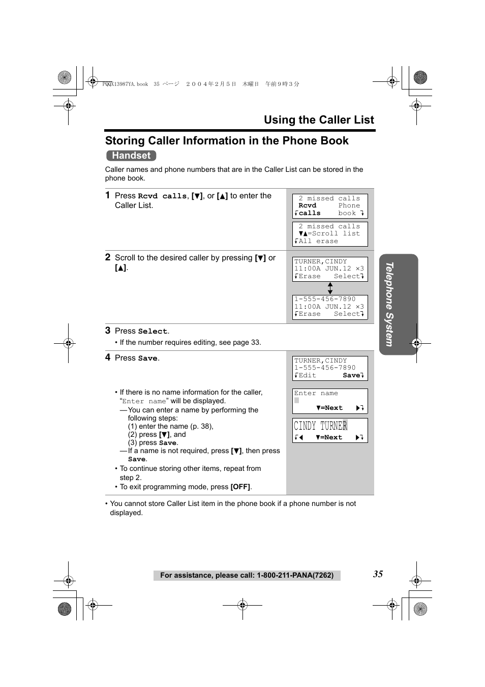 Cindy turne | r, Using the caller list, Storing caller information in the phone book | Te lephone system, Handset | Panasonic KX-TG2346 User Manual | Page 35 / 84
