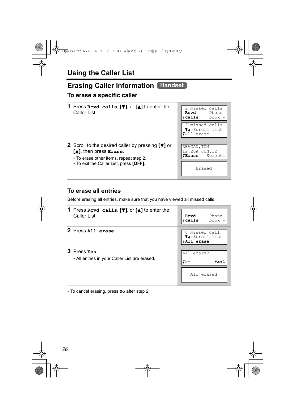 Using the caller list, Erasing caller information, Handset | Panasonic KX-TG2346 User Manual | Page 36 / 84