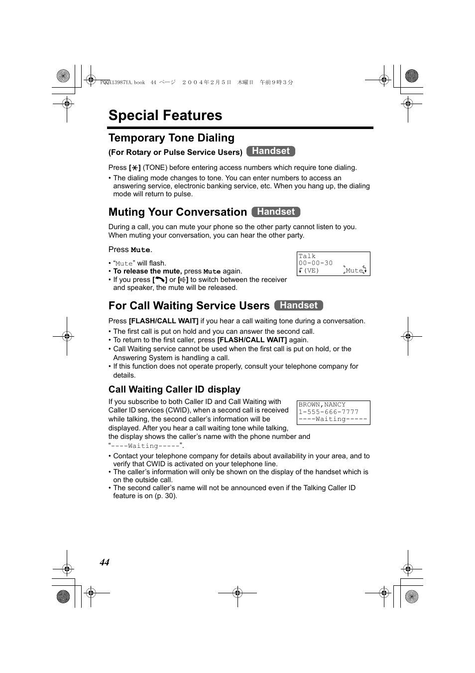 Special features, Temporary tone dialing, Muting your conversation | For call waiting service users | Panasonic KX-TG2346 User Manual | Page 44 / 84