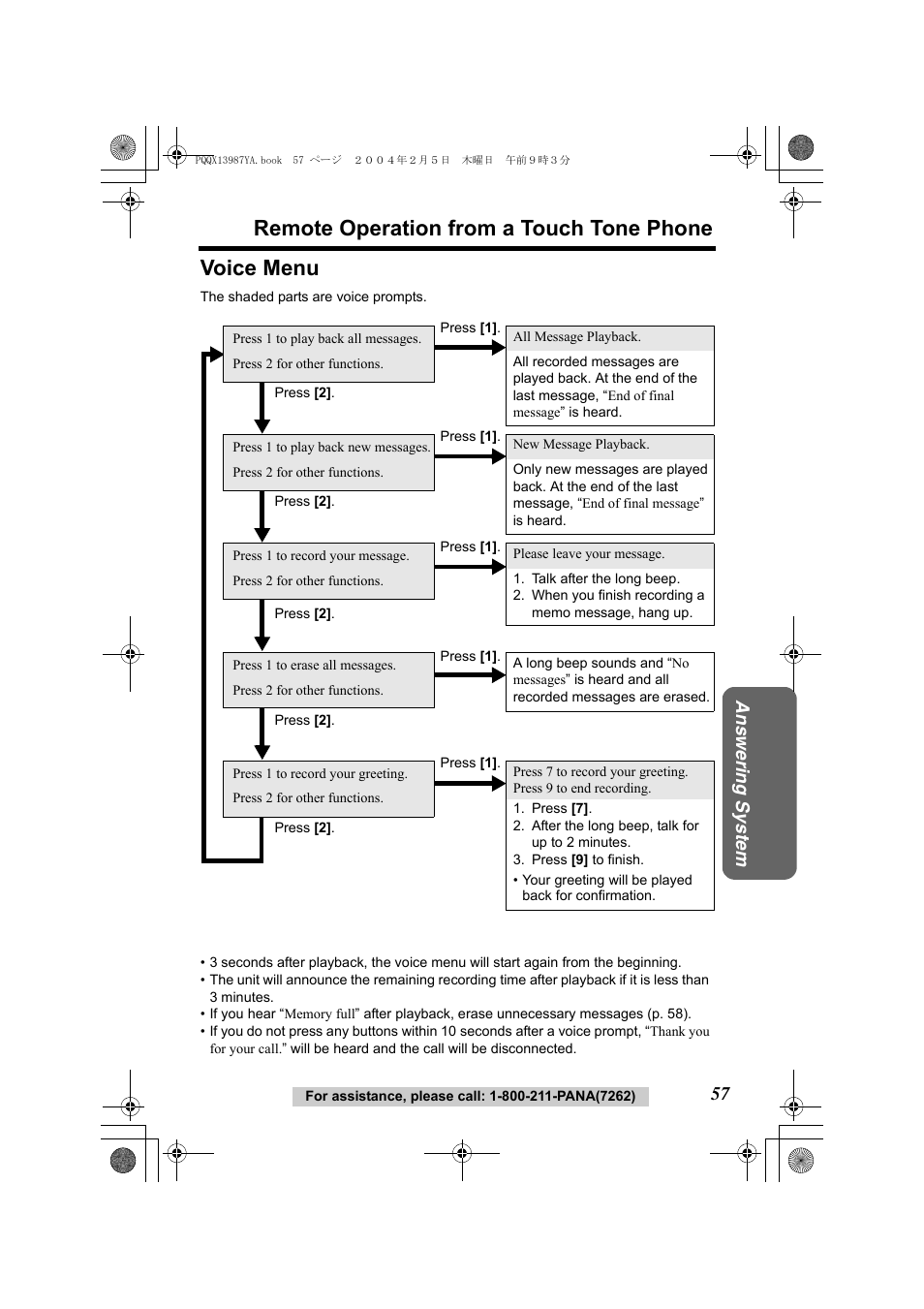 Remote operation from a touch tone phone, Voice menu, Ans w ering system | Panasonic KX-TG2346 User Manual | Page 57 / 84