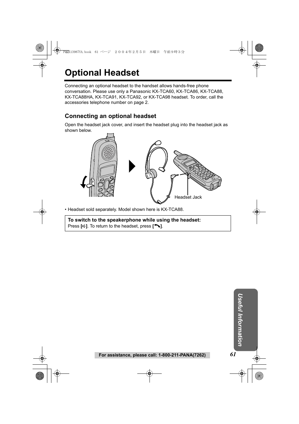 Optional headset | Panasonic KX-TG2346 User Manual | Page 61 / 84