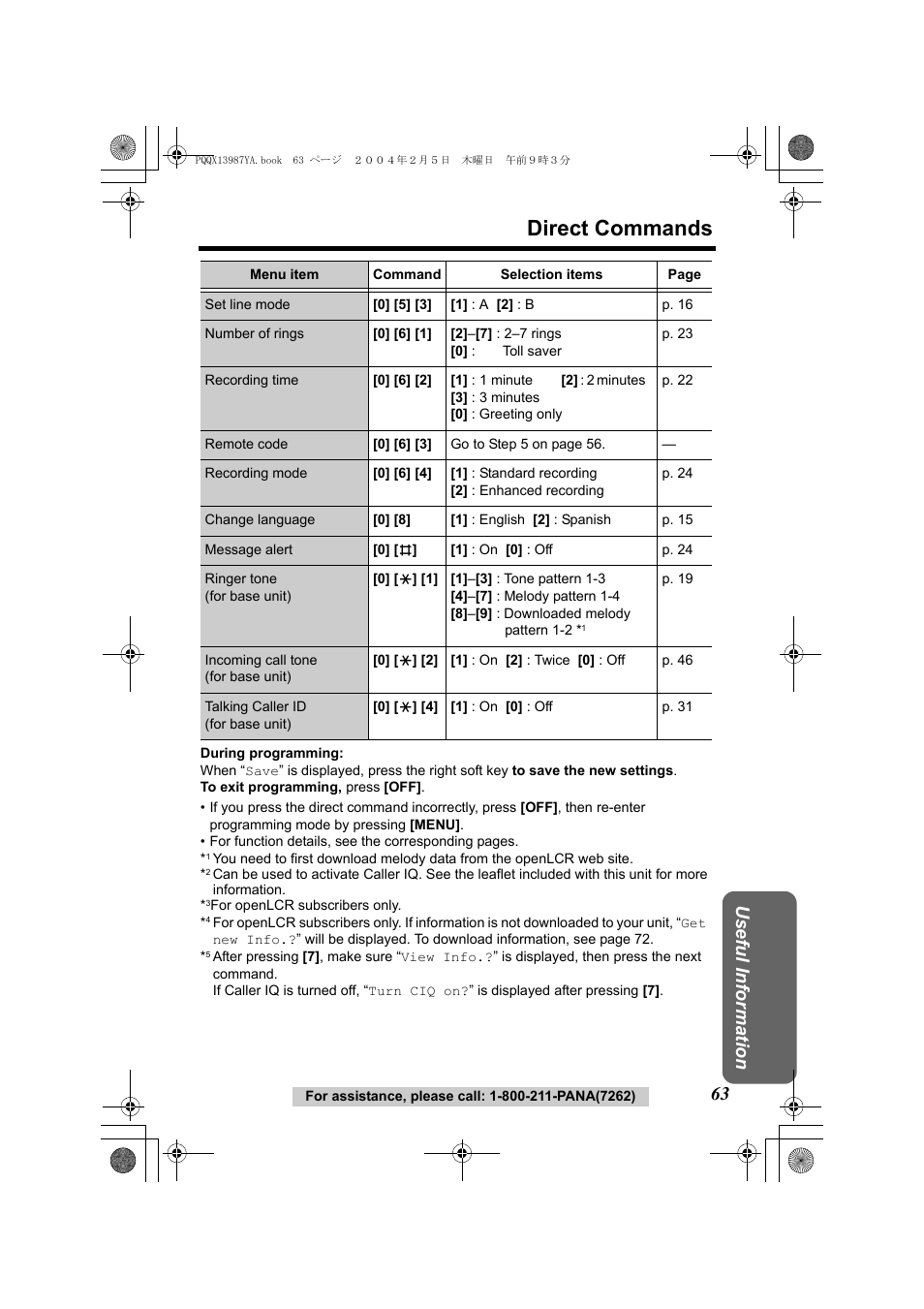 Direct commands, Usef ul inform ation | Panasonic KX-TG2346 User Manual | Page 63 / 84