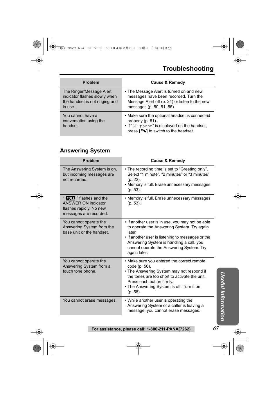 Troubleshooting, Usef ul inform ation answering system | Panasonic KX-TG2346 User Manual | Page 67 / 84