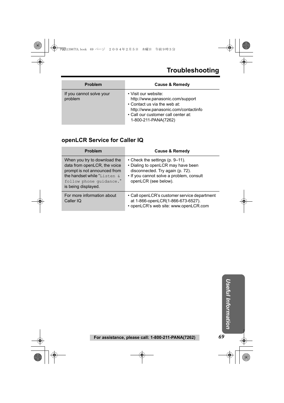 Troubleshooting, Usef ul inform ation openlcr service for caller iq | Panasonic KX-TG2346 User Manual | Page 69 / 84