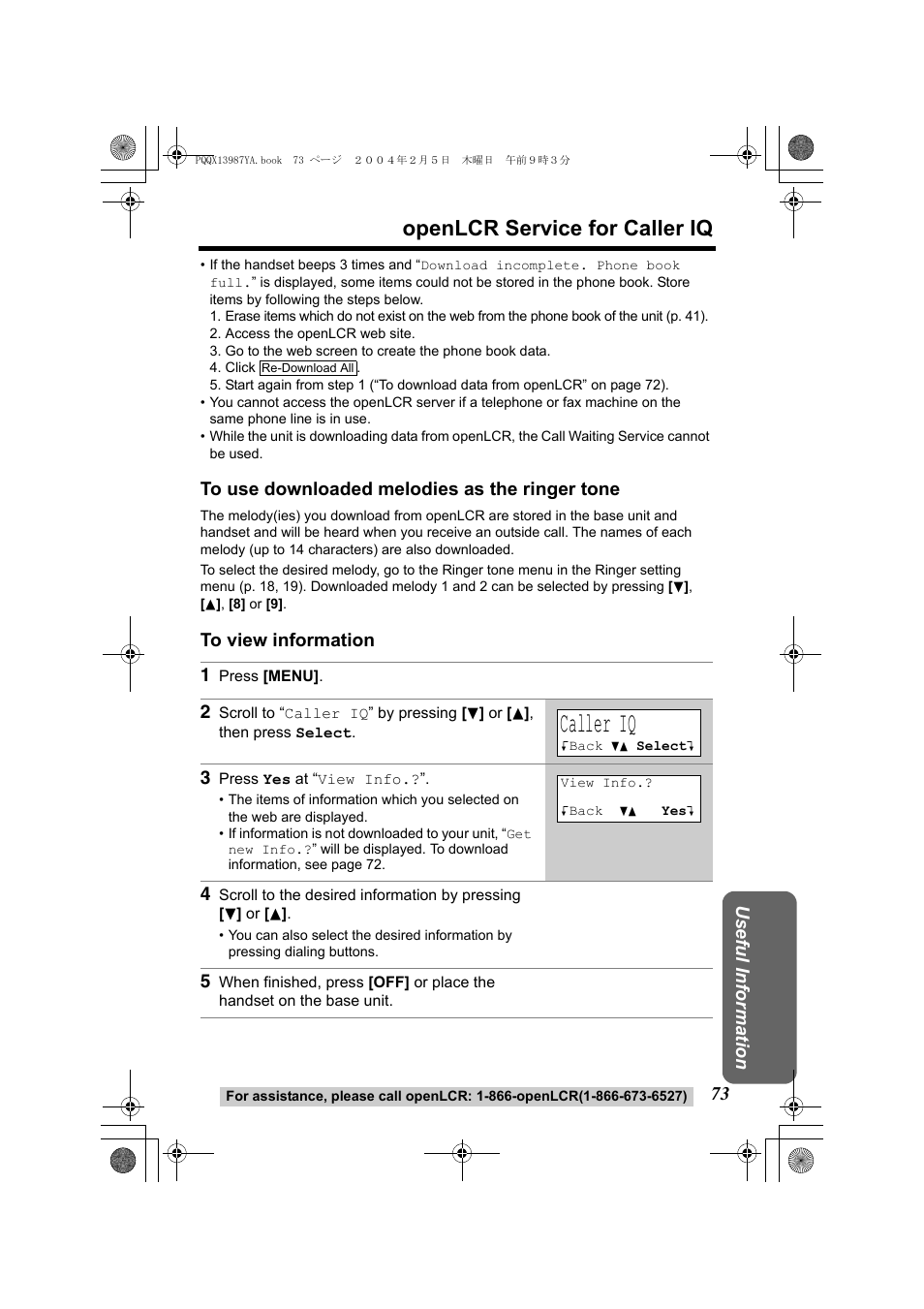 Caller iq, Openlcr service for caller iq, Usef ul inform ation | Panasonic KX-TG2346 User Manual | Page 73 / 84