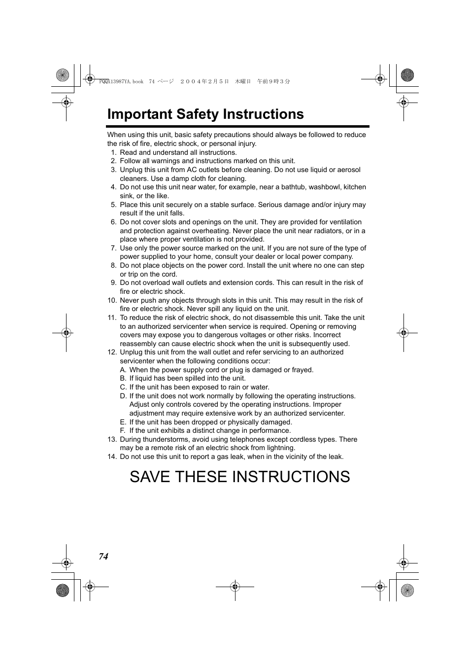 Important safety instructions, Save these instructions | Panasonic KX-TG2346 User Manual | Page 74 / 84