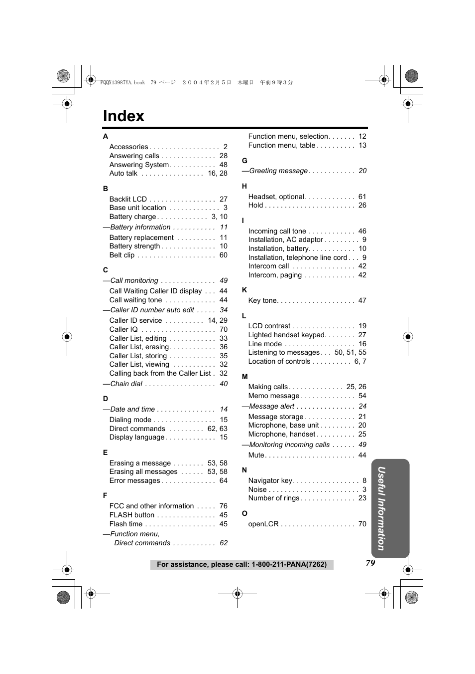Index, Usef ul inform ation | Panasonic KX-TG2346 User Manual | Page 79 / 84