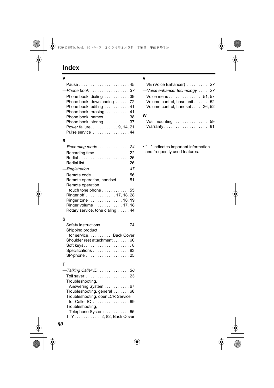 Index | Panasonic KX-TG2346 User Manual | Page 80 / 84