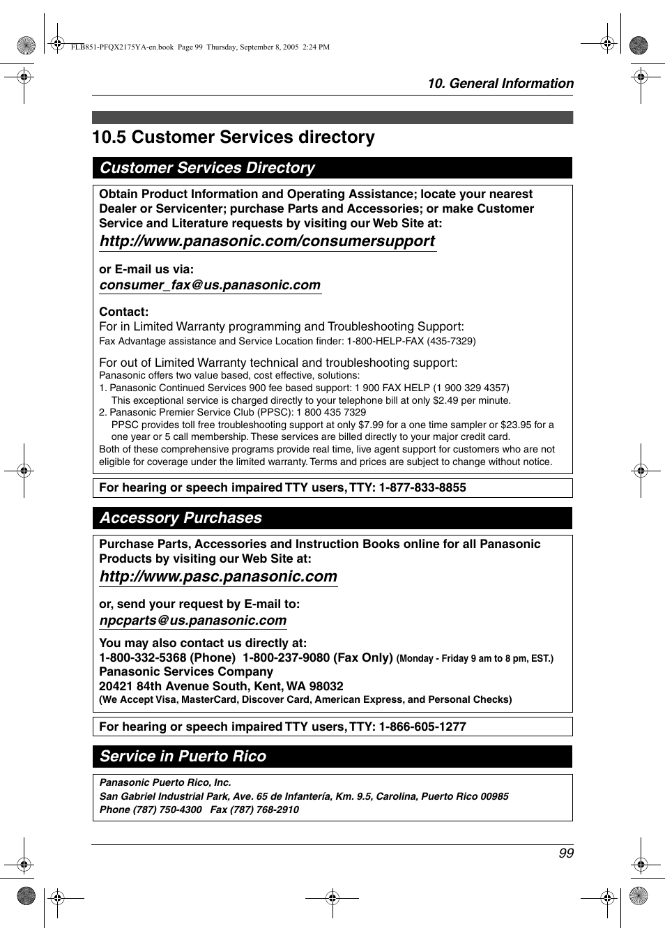 Customer services, 5 customer services directory, Customer services directory | 5 customer services directory, Accessory purchases service in puerto rico | Panasonic KX-FLB851 User Manual | Page 101 / 110