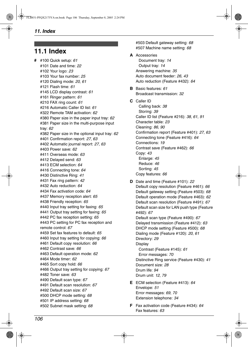 Index, 1 index, Index 106 | Panasonic KX-FLB851 User Manual | Page 108 / 110