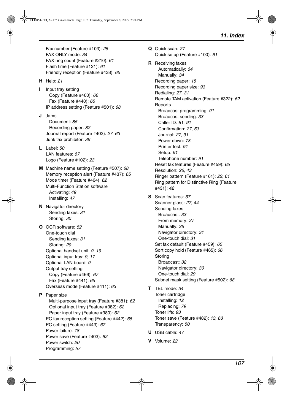 Index 107 | Panasonic KX-FLB851 User Manual | Page 109 / 110