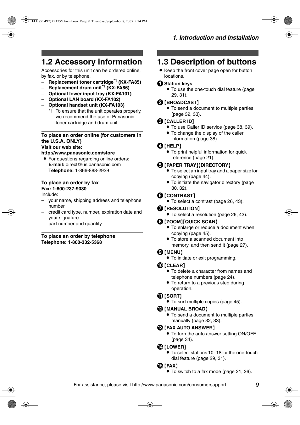 2 accessory information, Finding the controls, 3 description of buttons | Accessory information, Description of buttons, 2 accessory information, 3 description of buttons | Panasonic KX-FLB851 User Manual | Page 11 / 110