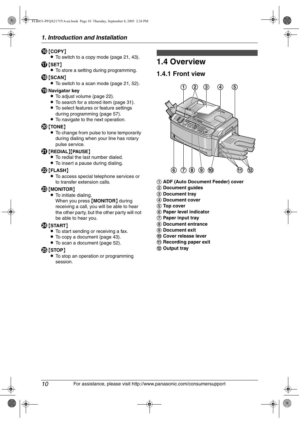 4 overview, Overview, 4 overview | 1 front view | Panasonic KX-FLB851 User Manual | Page 12 / 110