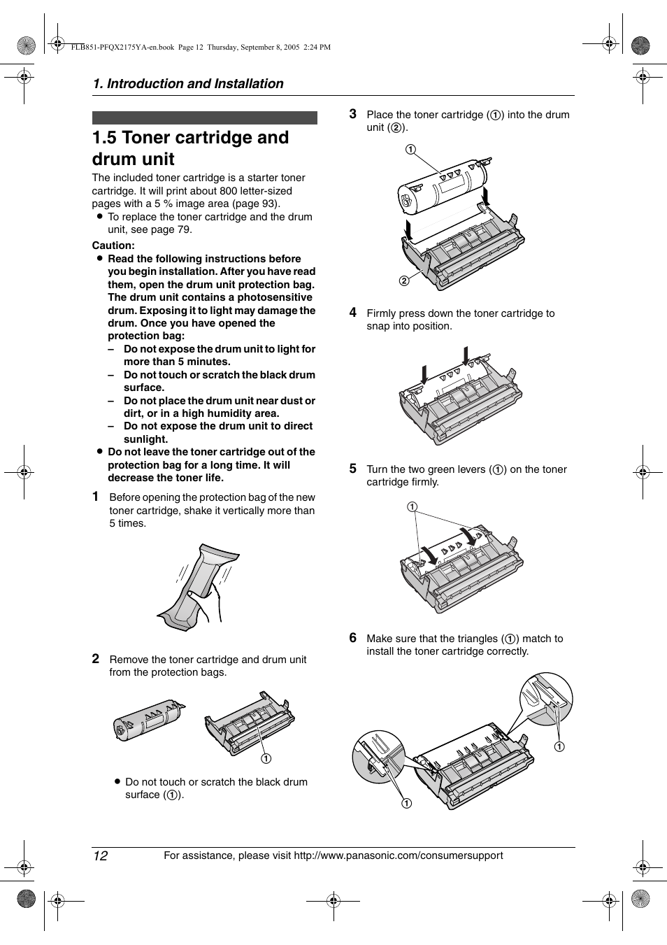 Installation, 5 toner cartridge and drum unit, Toner cartridge and drum unit | 5 toner cartridge and drum unit, Introduction and installation 12 | Panasonic KX-FLB851 User Manual | Page 14 / 110