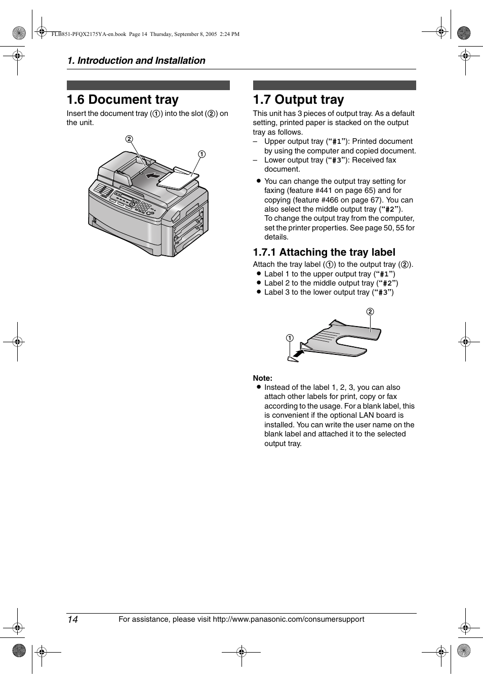 6 document tray, 7 output tray, Document tray | Output tray, 6 document tray, 7 output tray, 1 attaching the tray label | Panasonic KX-FLB851 User Manual | Page 16 / 110