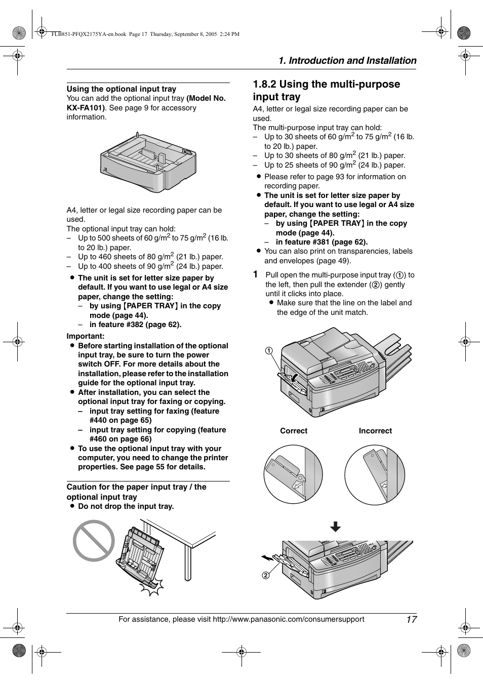 2 using the multi-purpose input tray, Introduction and installation 17 | Panasonic KX-FLB851 User Manual | Page 19 / 110