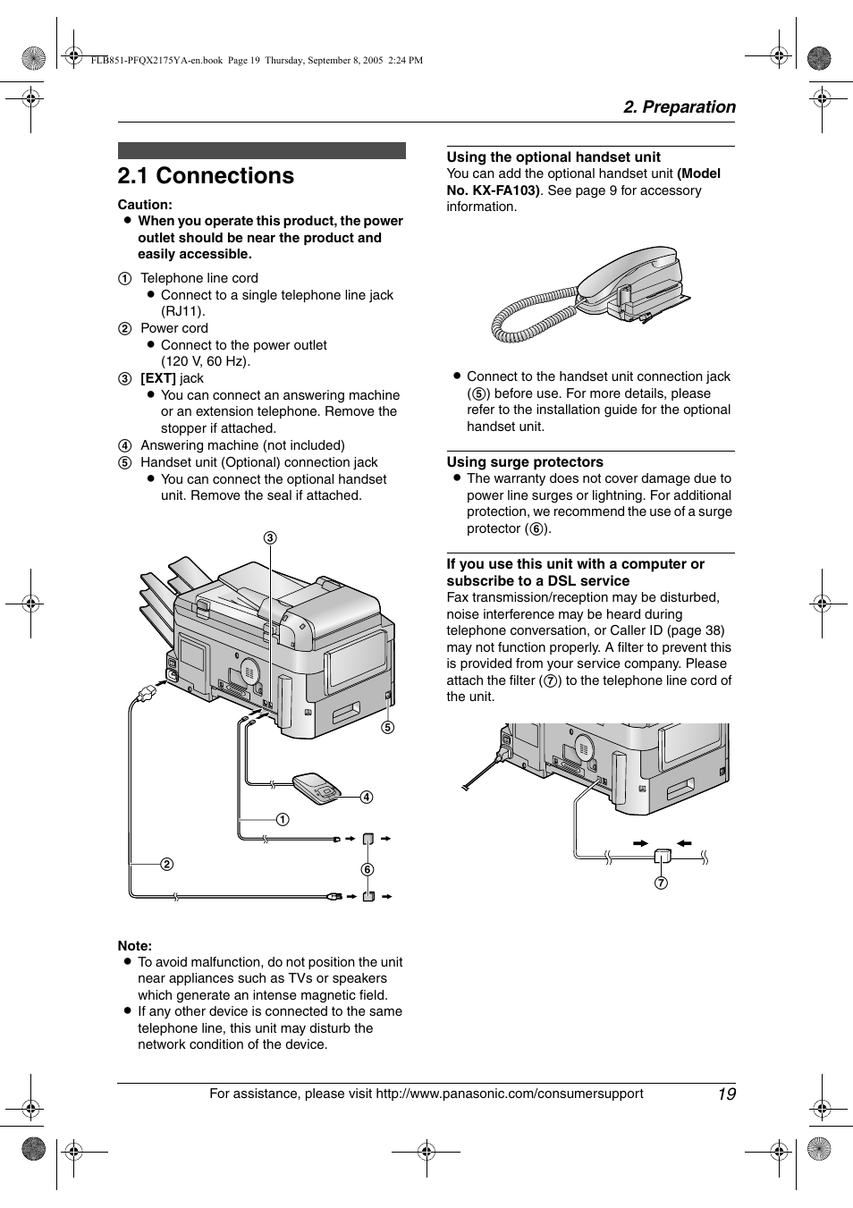 Preparation, Connections and setup, 1 connections | Connections, 1 connections, Preparation 19 | Panasonic KX-FLB851 User Manual | Page 21 / 110