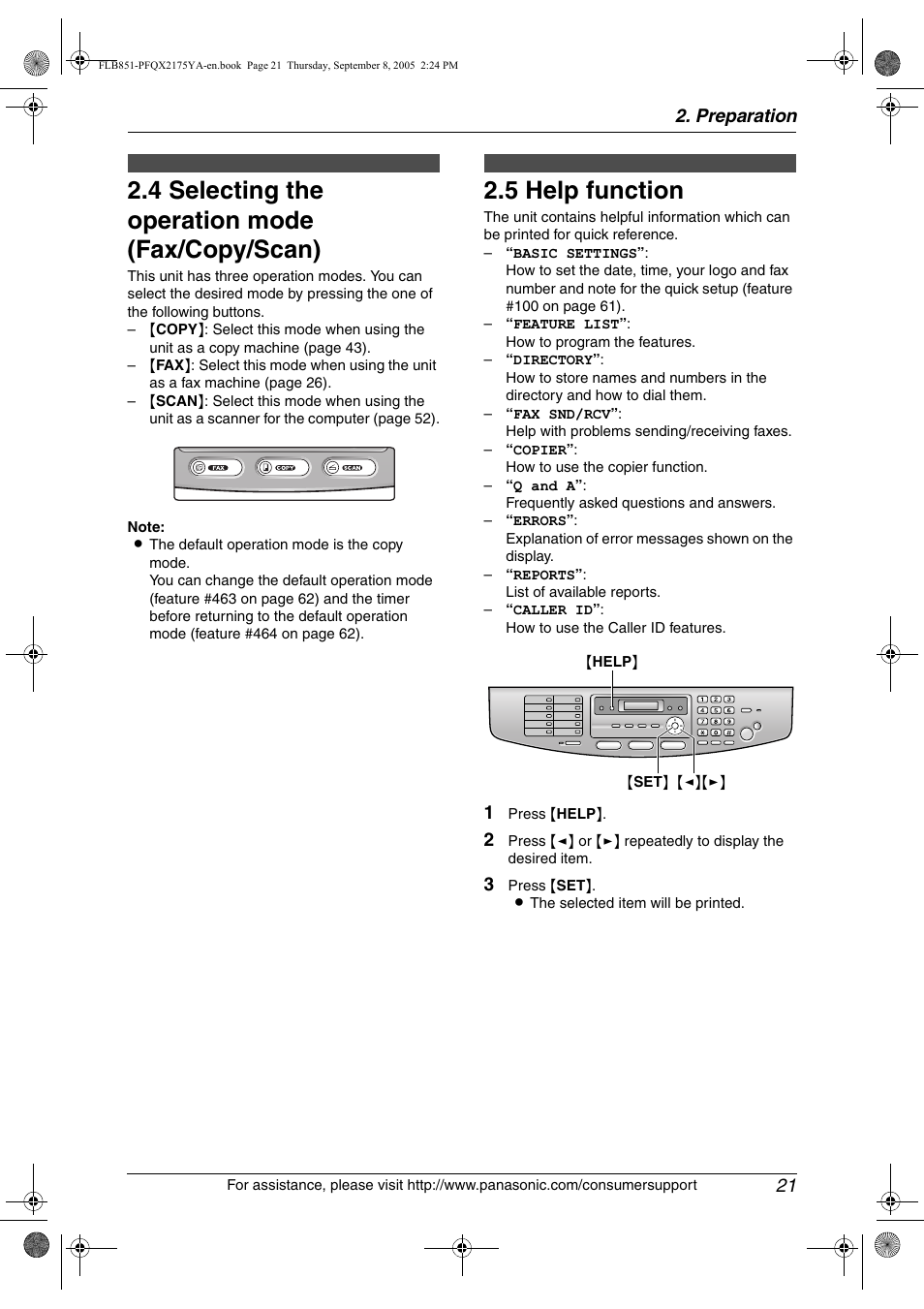 4 selecting the operation mode (fax/copy/scan), Help button, 5 help function | Volume, Selecting the operation mode (fax/ copy/scan), Help function, 4 selecting the operation mode (fax/copy/scan), 5 help function, Preparation 21 | Panasonic KX-FLB851 User Manual | Page 23 / 110