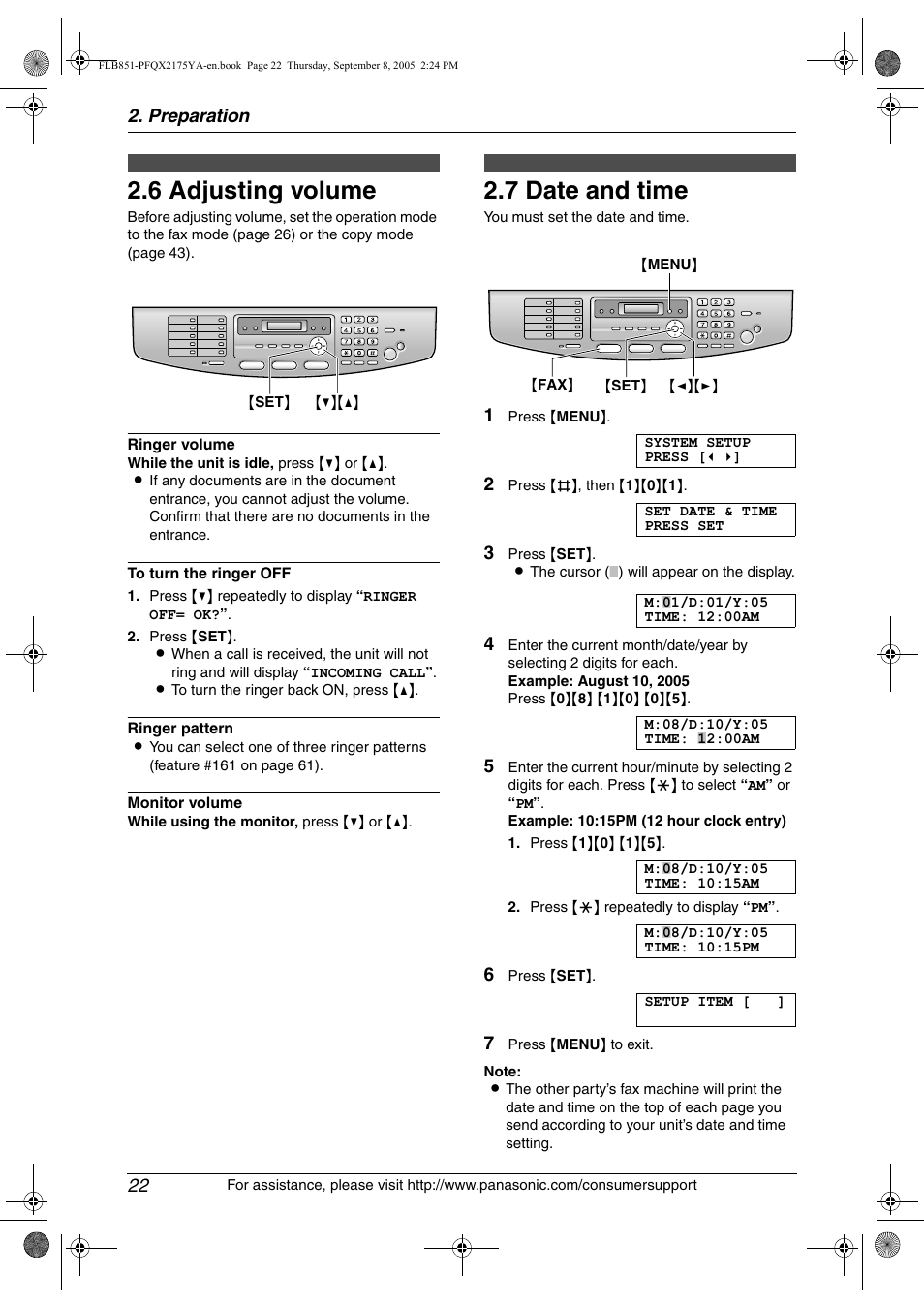 6 adjusting volume, Initial programming, 7 date and time | Adjusting volume, Date and time, 6 adjusting volume, 7 date and time, Preparation 22 | Panasonic KX-FLB851 User Manual | Page 24 / 110