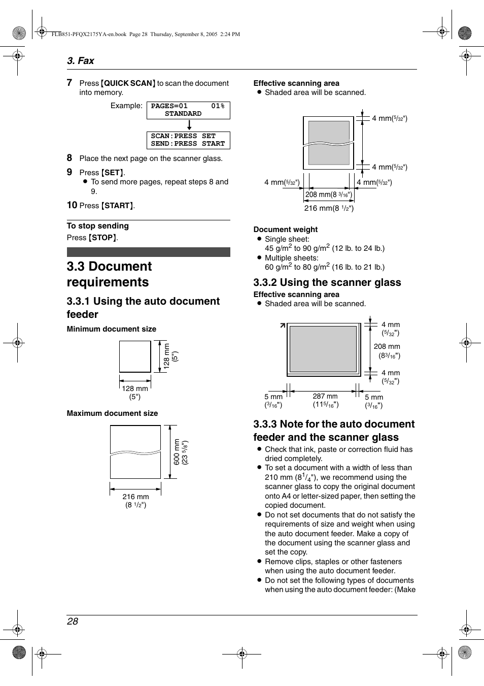 3 document requirements, Document requirements, Ep 10 | 3 document requirements, 1 using the auto document feeder, 2 using the scanner glass, Fax 28 7 | Panasonic KX-FLB851 User Manual | Page 30 / 110
