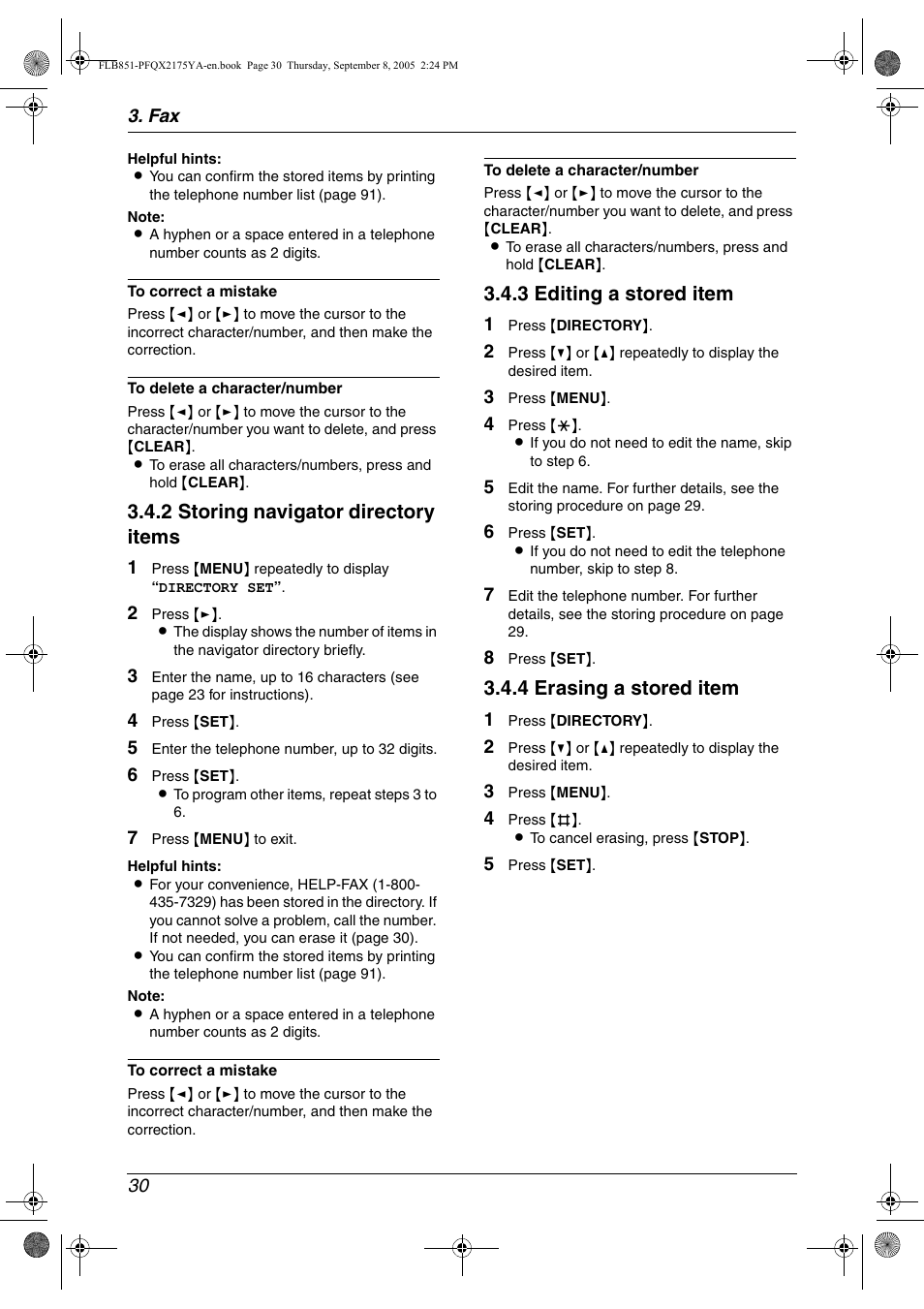 2 storing navigator directory items, 3 editing a stored item, 4 erasing a stored item | Panasonic KX-FLB851 User Manual | Page 32 / 110