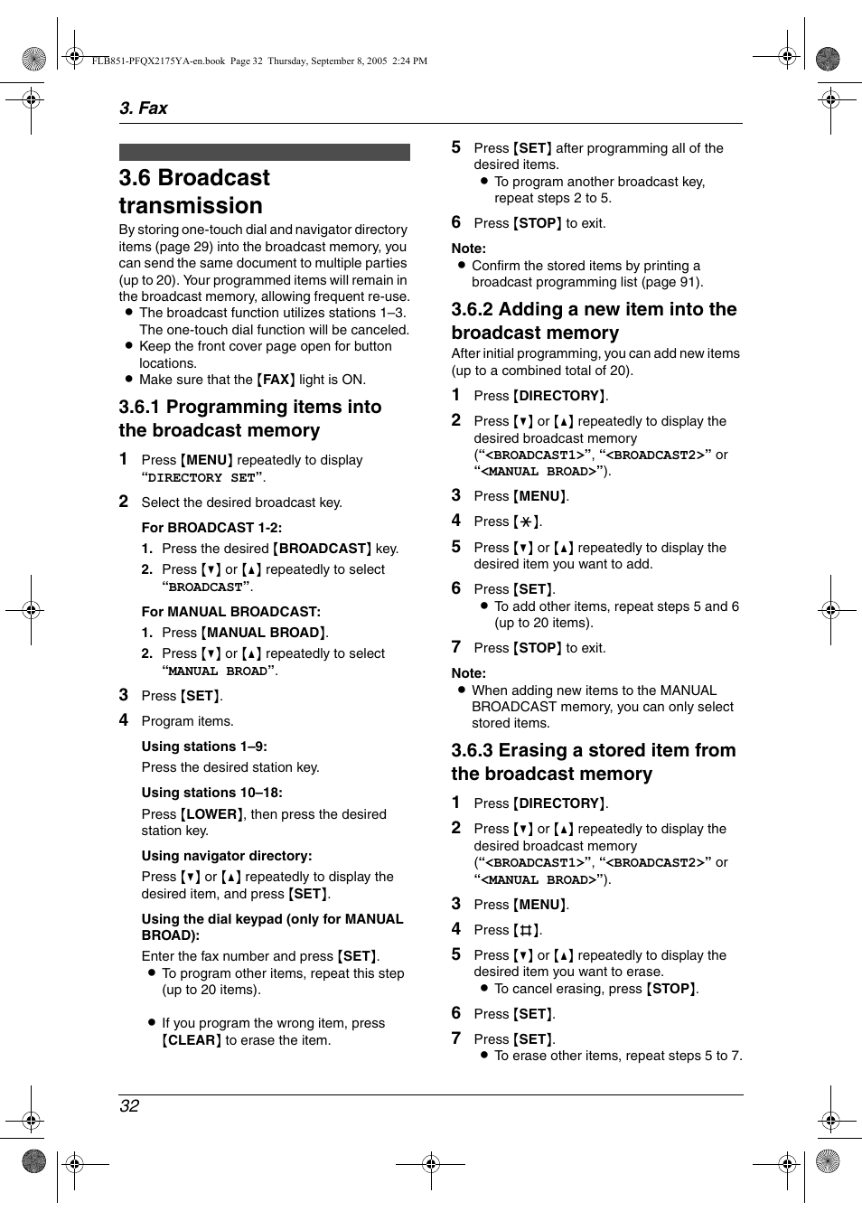 6 broadcast transmission, Broadcast transmission, 6 broadcast transmission | Panasonic KX-FLB851 User Manual | Page 34 / 110