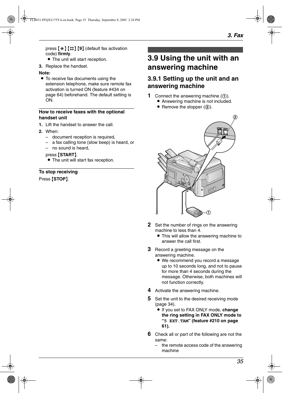 9 using the unit with an answering machine, Using the unit with an answering machine, 9 using the unit with an answering machine | 1 setting up the unit and an answering machine | Panasonic KX-FLB851 User Manual | Page 37 / 110