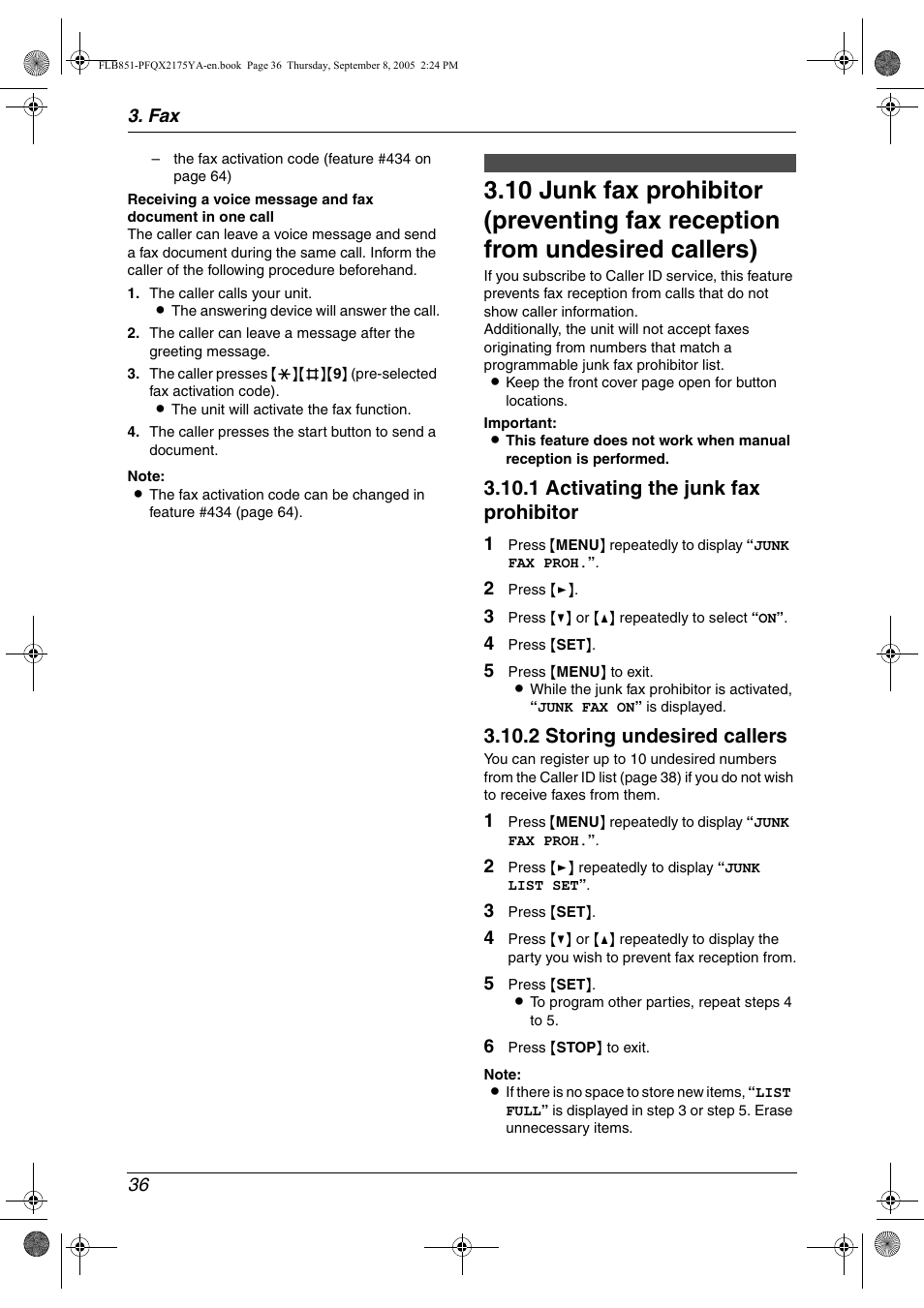 Junk fax prohibitor (preventing fax, Reception from undesired callers), 1 activating the junk fax prohibitor | 2 storing undesired callers | Panasonic KX-FLB851 User Manual | Page 38 / 110