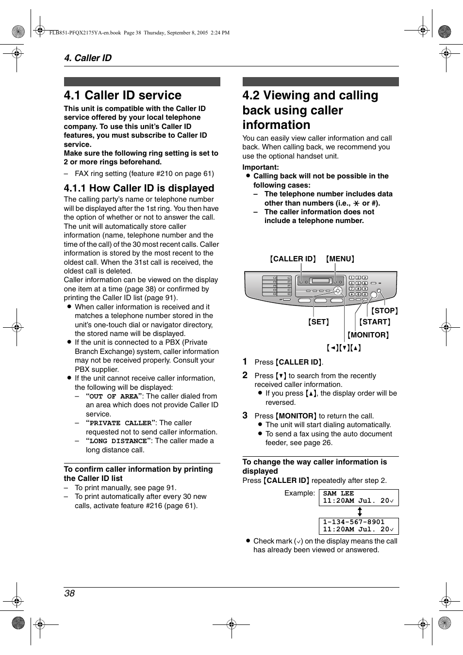 Caller id, 1 caller id service, Caller id service | Viewing and calling back using caller information, 1 caller id service, 1 how caller id is displayed, Caller id 38 | Panasonic KX-FLB851 User Manual | Page 40 / 110