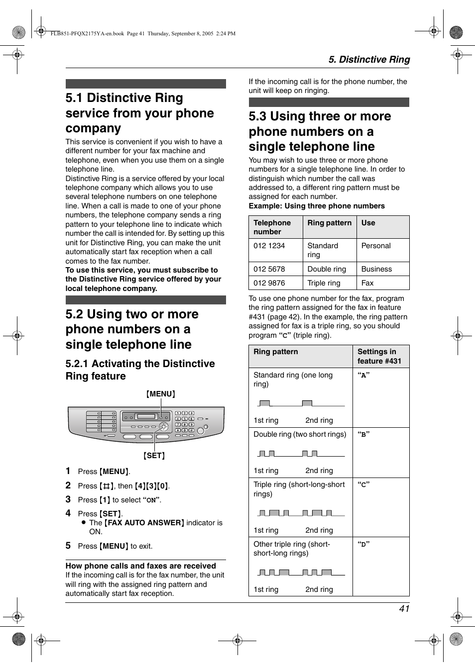 Distinctive ring, Distinctive ring service from your phone company, 1 distinctive ring service from your phone company | 1 activating the distinctive ring feature, Distinctive ring 41 | Panasonic KX-FLB851 User Manual | Page 43 / 110