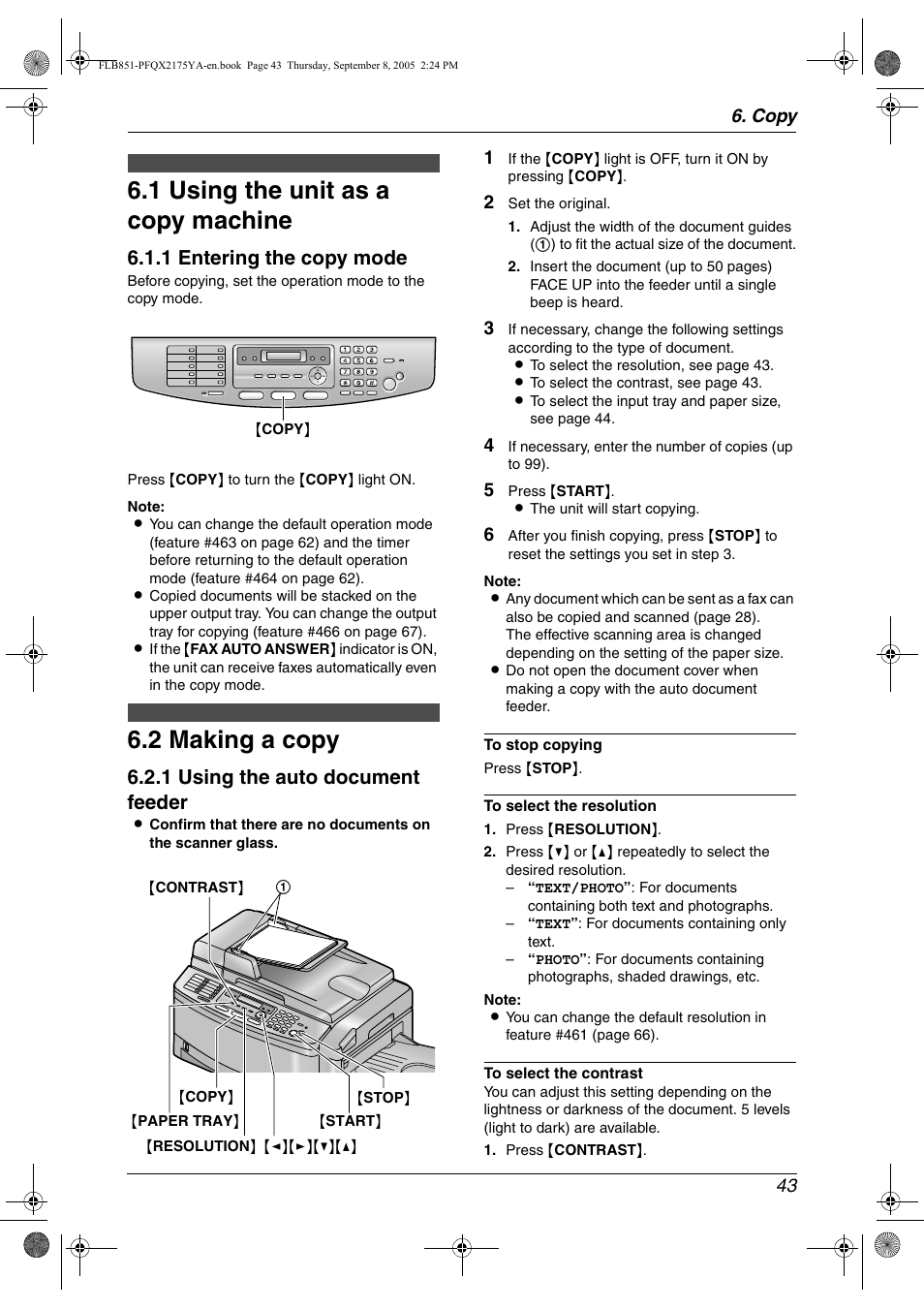 Copy, Copying, 1 using the unit as a copy machine | 2 making a copy, Using the unit as a copy machine, Making a copy, 1 using the unit as a copy machine, 2 making a copy, 1 entering the copy mode, 1 using the auto document feeder | Panasonic KX-FLB851 User Manual | Page 45 / 110