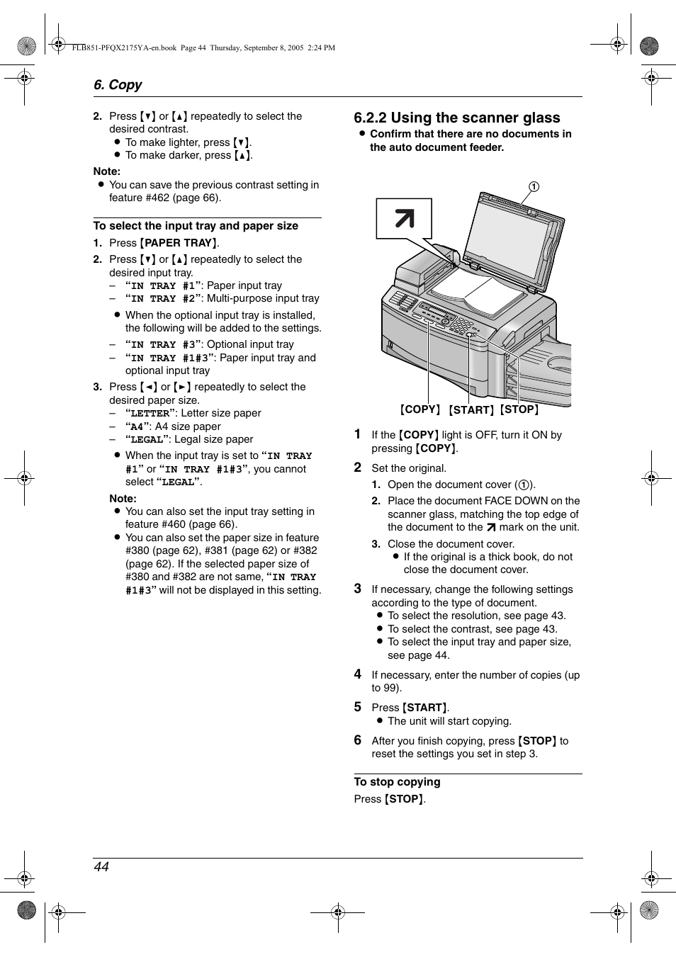2 using the scanner glass, Copy 44 | Panasonic KX-FLB851 User Manual | Page 46 / 110